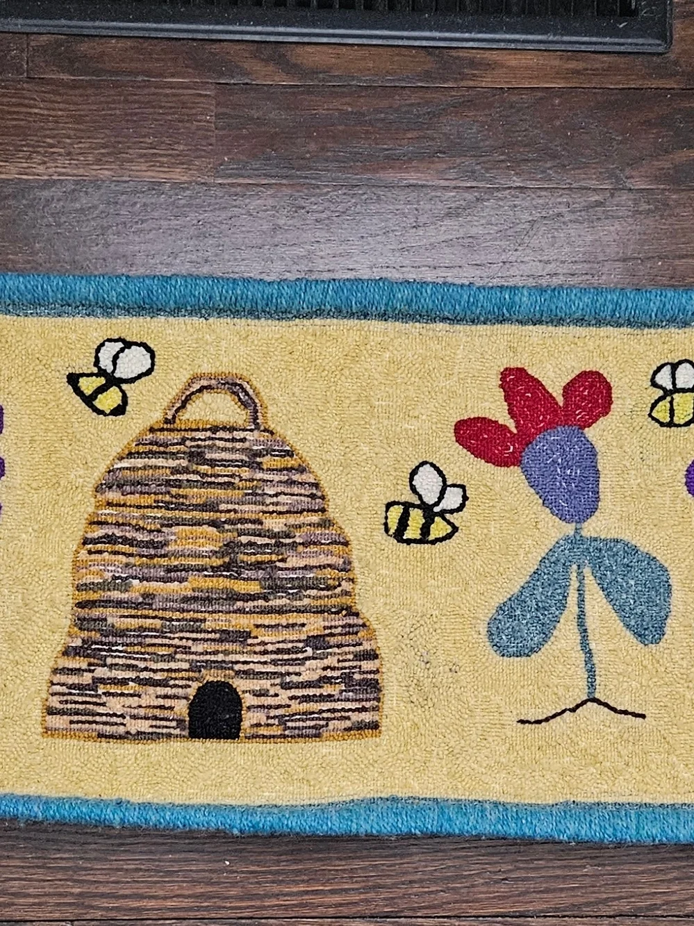 Yellow Beehive Hooked Door Mat Or Table Runner with Floral & Bee Motif